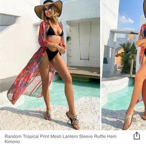 *BRAND NEW/NEVER WORN*SHEIN Tropical Print Mesh Lantern Sleeve Ruffle Hem Kimono